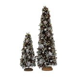 Hill Interiors Large Frosted Forest Tree set with pinecones, pearls, silver baubles and frosted foliage on wooden bases against a white background.