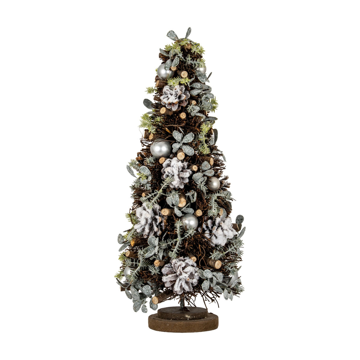 Hill Interiors Medium Frosted Forest Tree with pinecones, silver pearl baubles and eucalyptus sprigs on a round wooden base.