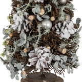 Close-up of Hill Interiors Medium Frosted Forest Tree showing frosted pinecones, silver pearl baubles and green needles on a twig conical base.