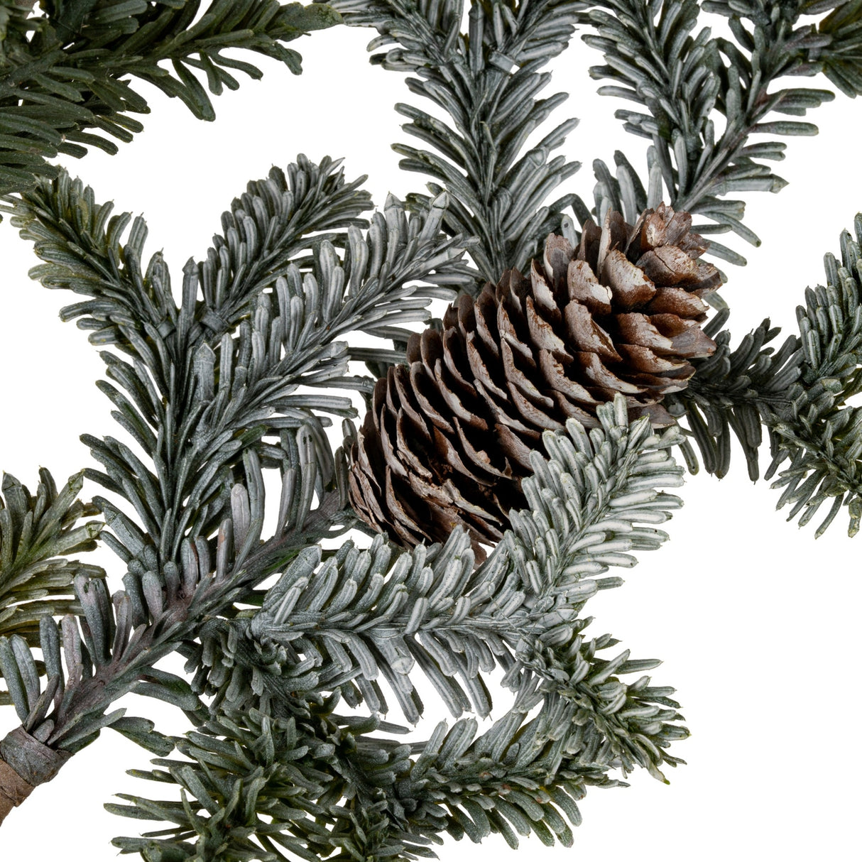 Close-up of Hill Interiors Woodland Pine Tall Stem showing frosted green needles and two brown pinecones nestled among the foliage on a white background.