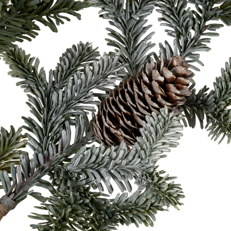 Close-up of Hill Interiors Woodland Pine Tall Stem showing frosted green needles and two brown pinecones nestled among the foliage on a white background.