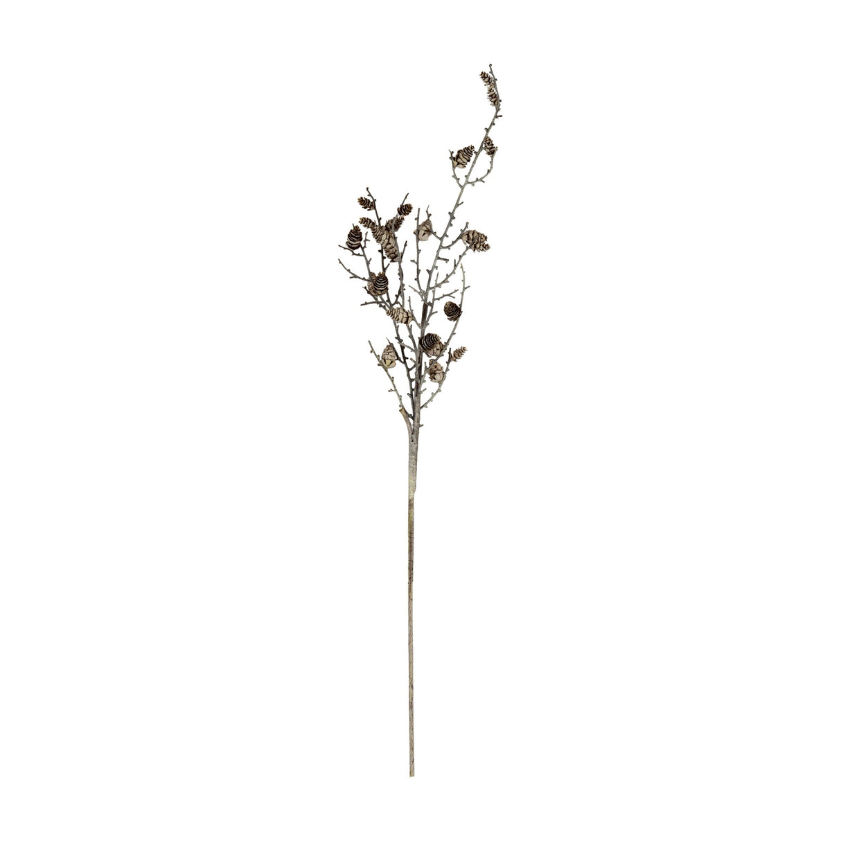 Hill Interiors Snowy Winter Woodland Branch With Pinecones, a tall faux foliage stem with frosted twigs and small pinecones on a white background.