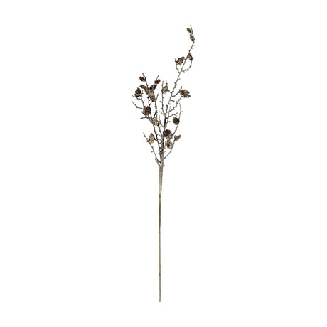 Hill Interiors Snowy Winter Woodland Branch With Pinecones, a tall faux foliage stem with frosted twigs and small pinecones on a white background.