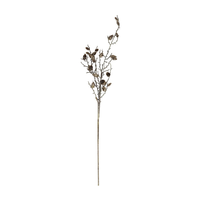 Hill Interiors Snowy Winter Woodland Branch With Pinecones, a tall faux foliage stem with frosted twigs and small pinecones on a white background.