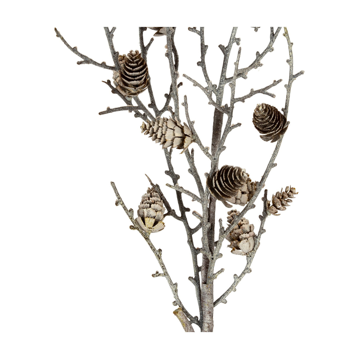 Hill Interiors Snowy Winter Woodland Branch faux stem with frosted twigs and clustered pinecones, shown against a plain white background.