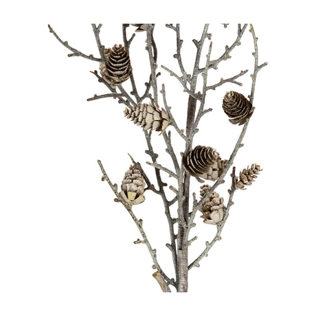Hill Interiors Snowy Winter Woodland Branch faux stem with frosted twigs and clustered pinecones, shown against a plain white background.