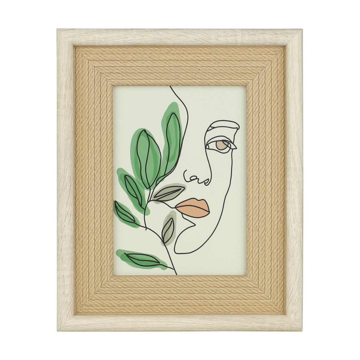 Renabie Photo Frame 22 x 27cm in wood-effect finish with a rope-textured tan inner border, displaying a line-art face and leaf print, shown on a plain white background.