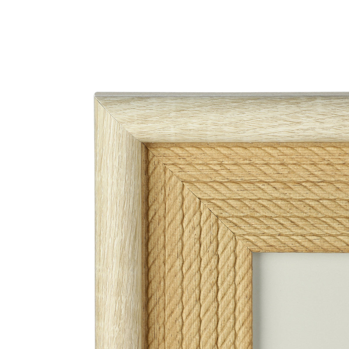 Close-up of the Renabie Photo Frame 22 x 27cm corner, showing a pale wood-effect outer moulding with a wide tan inner border textured like twisted rope, on a white background.