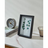 Renabie Photo Frame in black, deep box profile with glass front displaying pressed eucalyptus leaves, shown on a marble shelf beside a clock, book, and candle.