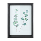 Renabie black photo frame with deep box profile and glass front, displaying a watercolour eucalyptus leaf print on a plain white background.