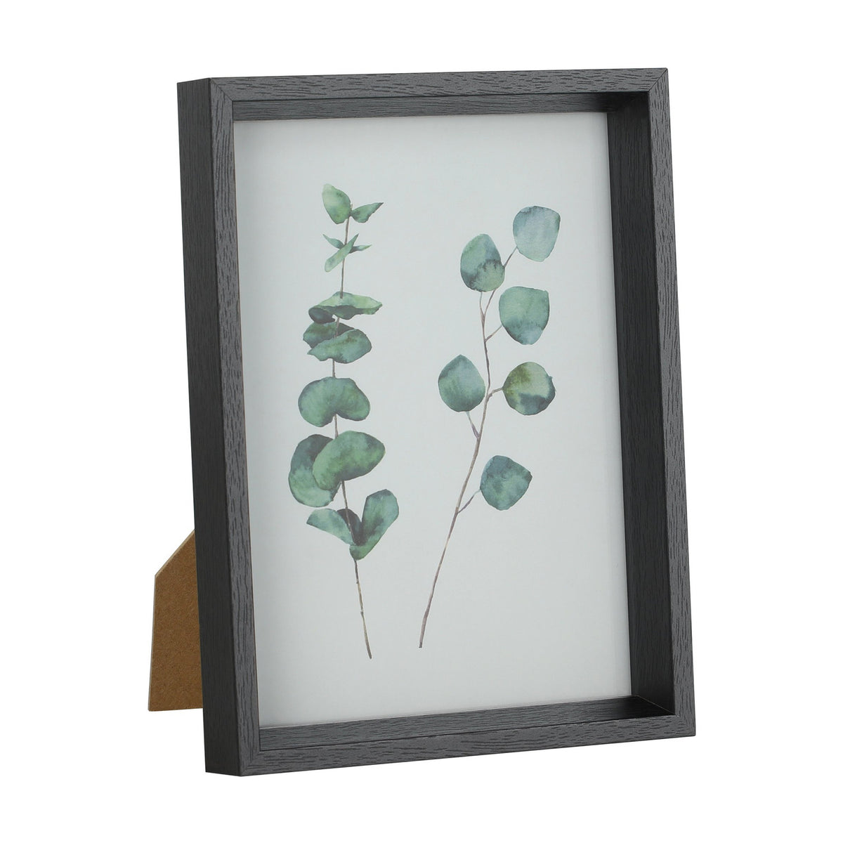 Renabie Photo Frame in black with a deep box profile, glass front, and kickstand, displaying a watercolour eucalyptus print on a plain white background.