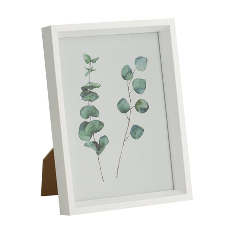 Renabie Photo Frame in white MDF with a deep box-style profile and glass front, displaying a watercolour eucalyptus print, shown at an angle on a plain white background.