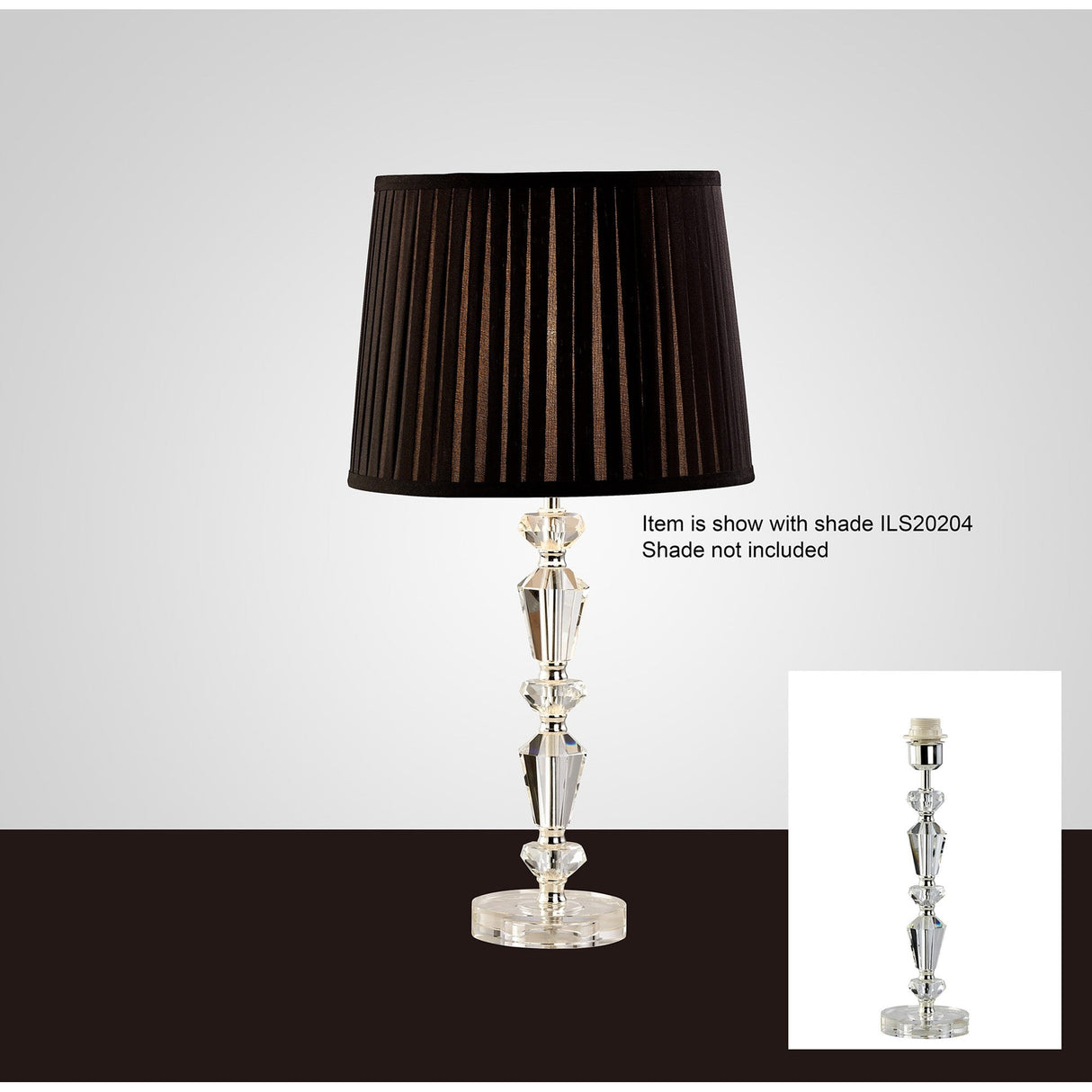 The Renee 1 Light Crystal Table Lamp features a faceted clear glass base and silver finish, offering stylish decorative lighting. Shown without shade; shade ILS20204 is not included.