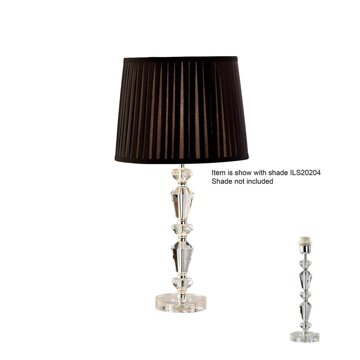 The Renee 1 Light Crystal Table Lamp features a silver faceted crystal base for elegant decor. Shown with a black pleated shade (not included); a smaller image highlights the base alone. Lampshade is sold separately.