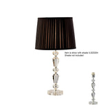 The Renee 1 Light Crystal Table Lamp features a silver faceted crystal base for elegant decor. Shown with a black pleated shade (not included); a smaller image highlights the base alone. Lampshade is sold separately.