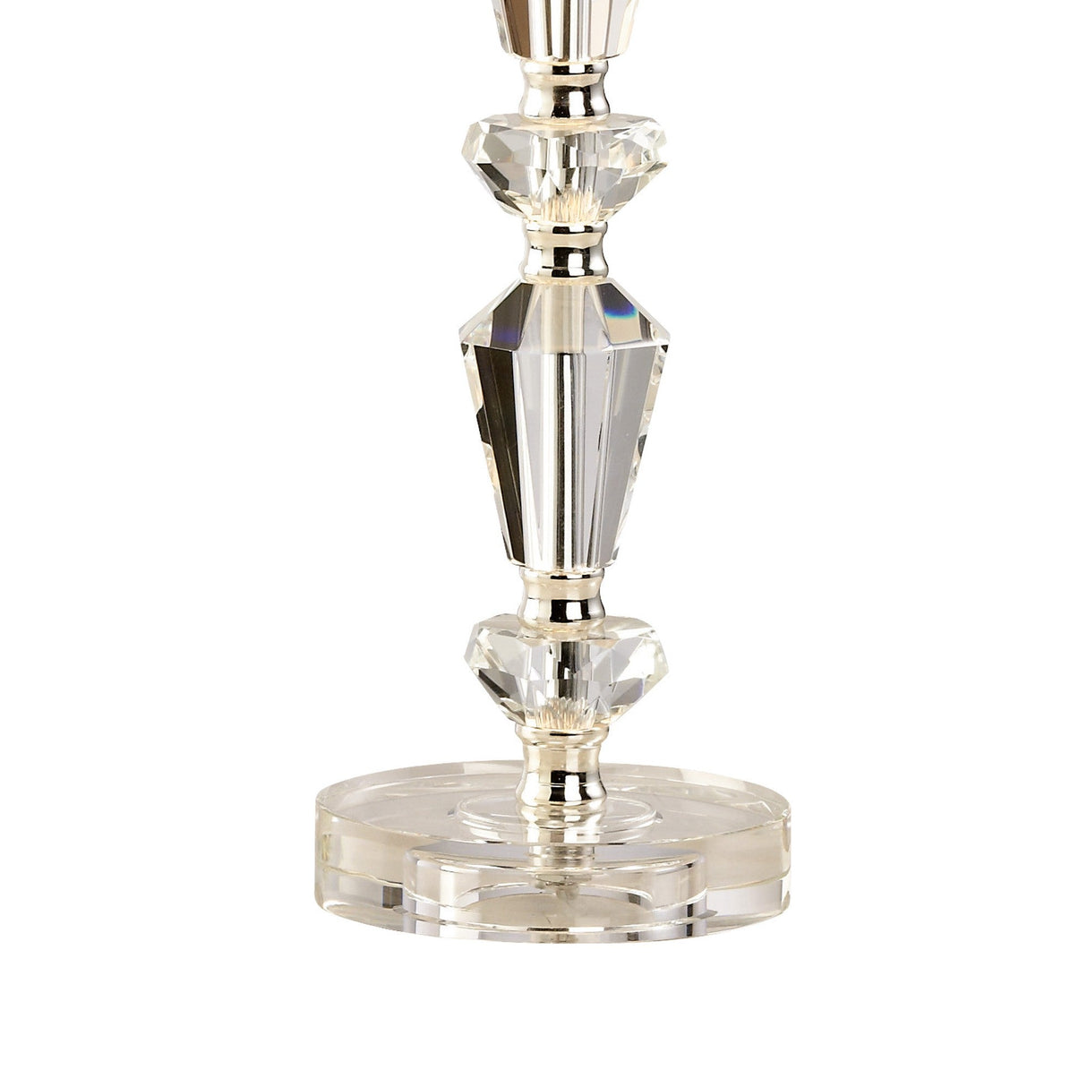 A close-up of the Renee 1 Light Crystal Table Lamp in a silver finish, showcasing clear faceted crystal and silver metal accents on a round crystal base—ideal for decorative interior lighting (shade not included).