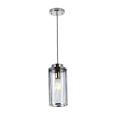 Introducing the Reno 1 Light Pendant - Polished Nickel, Smoke Glass, a sleek and minimalist fixture. This contemporary pendant light features a cylindrical smoke glass shade and polished nickel fittings, highlighting a single exposed bulb. It is elegantly suspended from the ceiling with a metal rod for a sophisticated look.