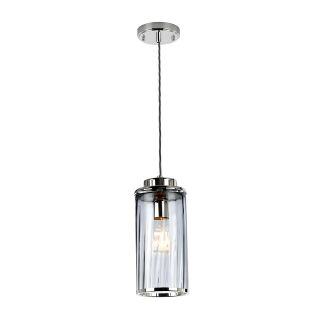Introducing the Reno 1 Light Pendant - Polished Nickel, Smoke Glass, a sleek and minimalist fixture. This contemporary pendant light features a cylindrical smoke glass shade and polished nickel fittings, highlighting a single exposed bulb. It is elegantly suspended from the ceiling with a metal rod for a sophisticated look.