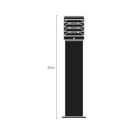 Reveal cast aluminium outdoor bollard light, 35cm, square flat-topped head on square post, graphite finish, clear polycarbonate lens, shown on white background with height marked.