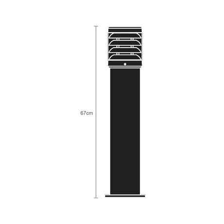 Reveal cast aluminium outdoor bollard light in graphite, 67cm, with a square post, flat-topped louvred head, and clear lens.