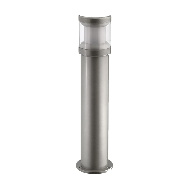 Reveal Cast Aluminium Outdoor Bollard Light, 67cm grey post with curved cap and clear polycarbonate lens over the light source, shown on a plain white background.