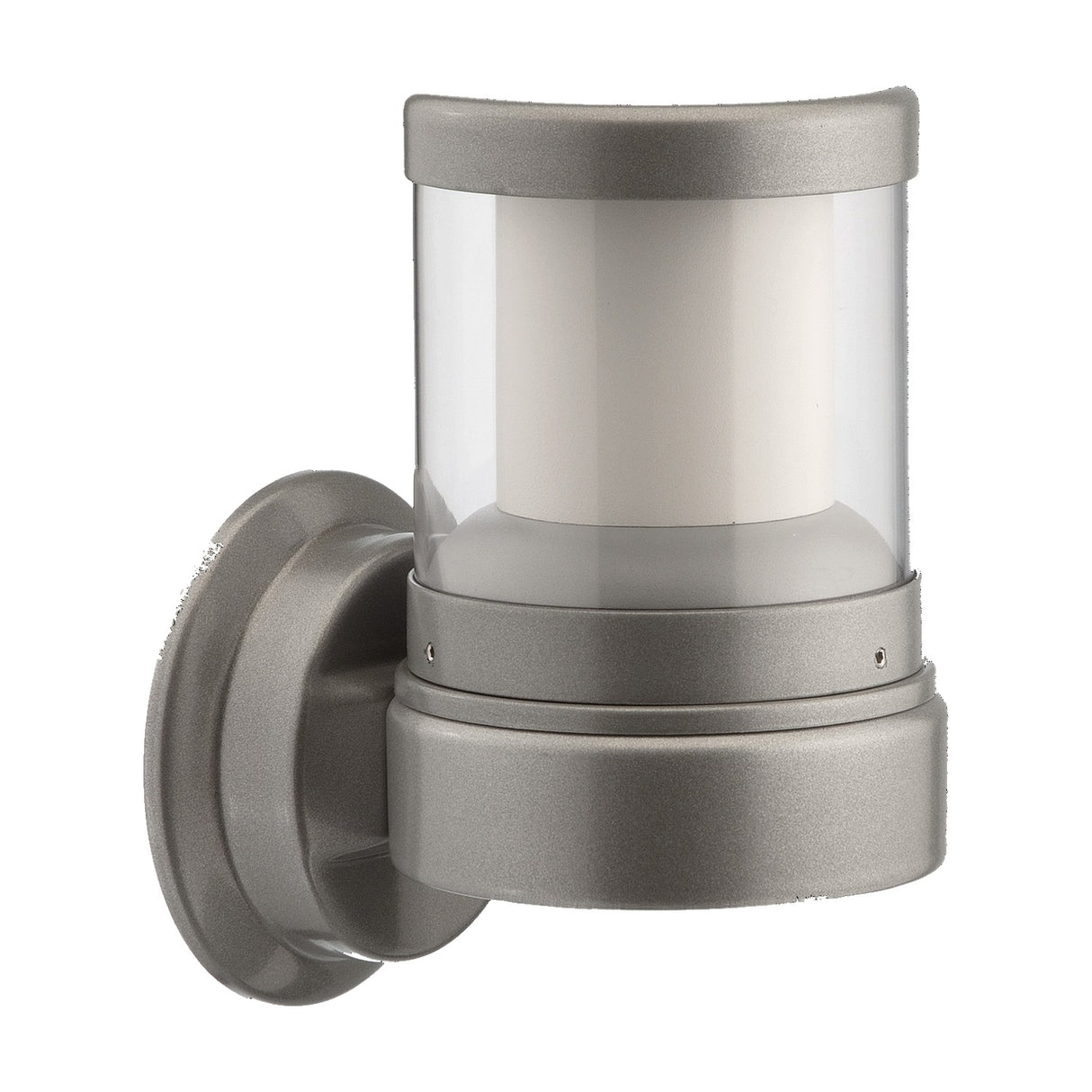 Reveal Cast Aluminium Outdoor Wall Light with round wall-mounted base, cylindrical clear polycarbonate lens and white diffuser, grey finish, shown on a plain white background.