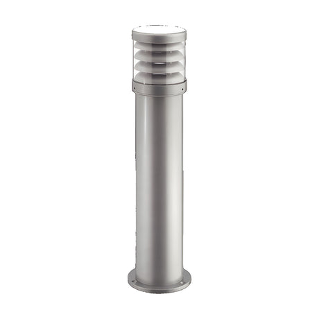 Reveal Louvred cast aluminium outdoor bollard light, 35cm, with round louvred head and clear polycarbonate lens on a grey cylindrical pedestal, shown on a plain white background.