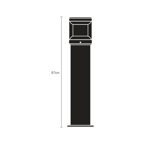Reveal Louvred cast aluminium outdoor bollard light, 67cm, with square louvred fin head on a slim pedestal, graphite finish, shown against a plain white background with height marker.