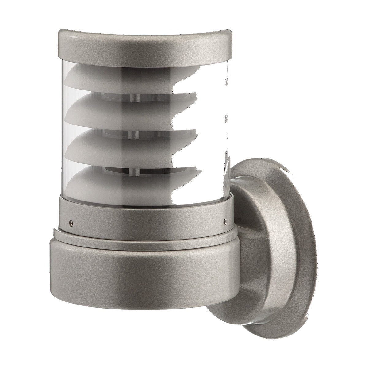 Reveal Louvred cast aluminium outdoor wall light with cylindrical clear polycarbonate lens, internal louvred fins, and grey finish, shown on a wall bracket against a plain white background.