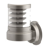 Reveal Louvred cast aluminium outdoor wall light with cylindrical clear polycarbonate lens, internal louvred fins, and grey finish, shown on a wall bracket against a plain white background.