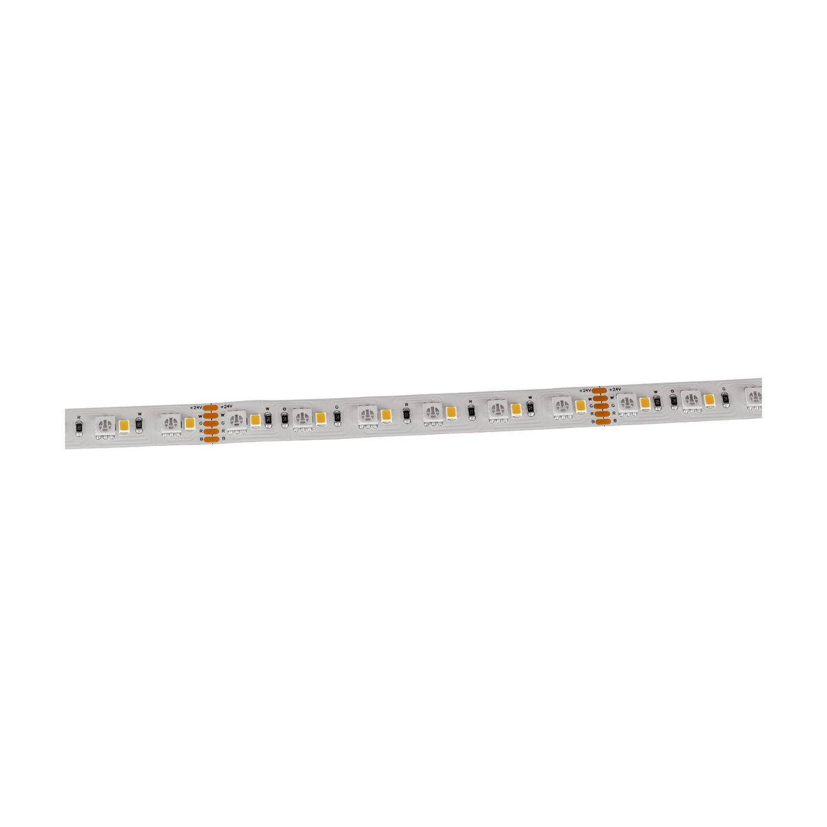 RGBW LED Strip Light, 5m flexible white strip with closely spaced RGB and warm-white LED chips and copper solder points, shown straight on a plain white background.