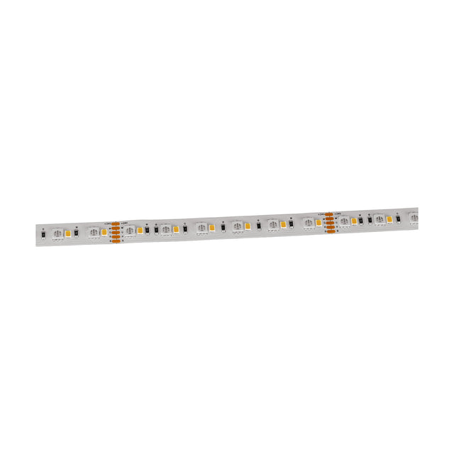 RGBW LED Strip Light, 5m flexible white strip with closely spaced RGB and warm-white LED chips and copper solder points, shown straight on a plain white background.