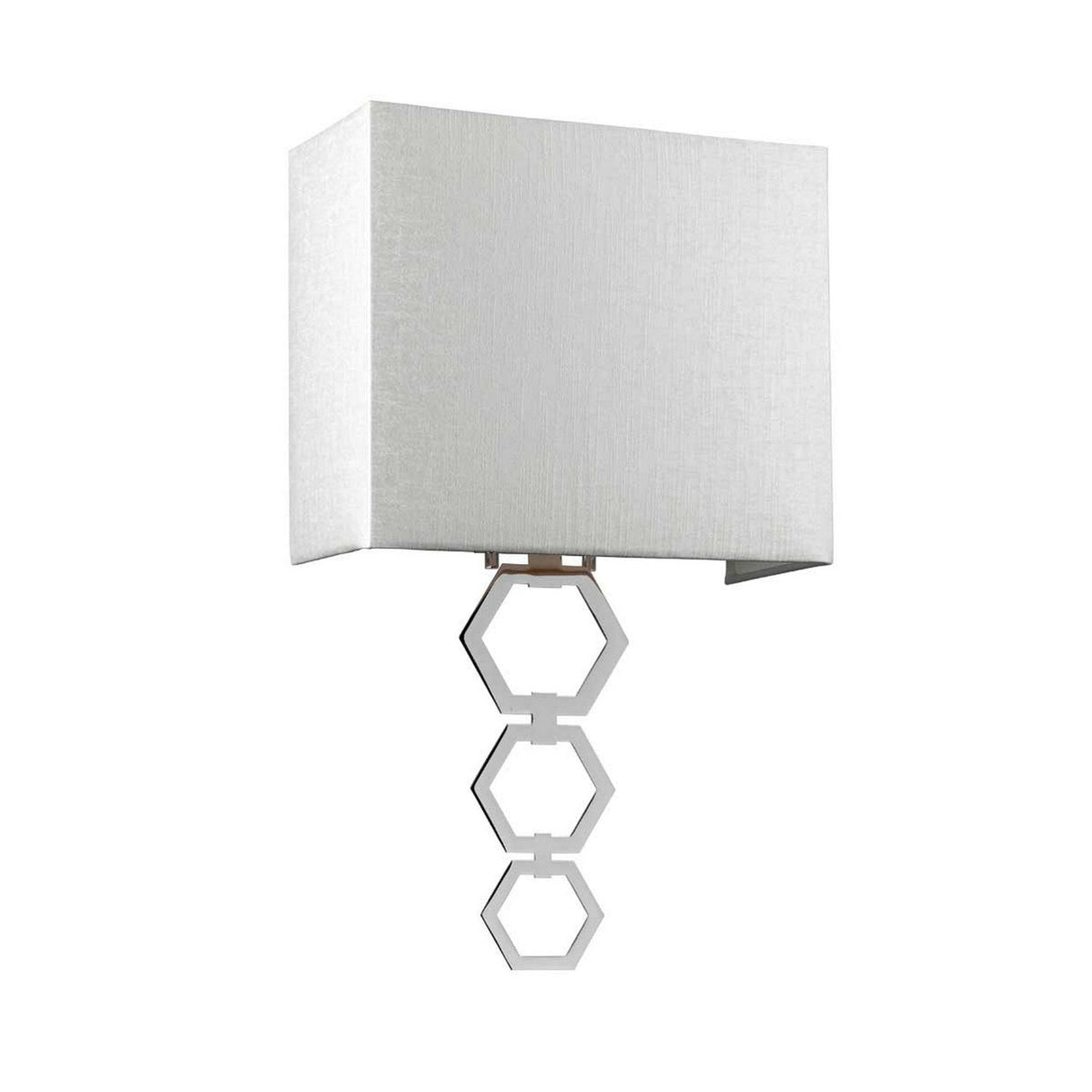 The Ria Medium 1 Light Wall Light in polished chrome features a faux silk rectangular shade and a decorative geometric base with three connected metal hexagons, blending minimalist aesthetics with contemporary style.