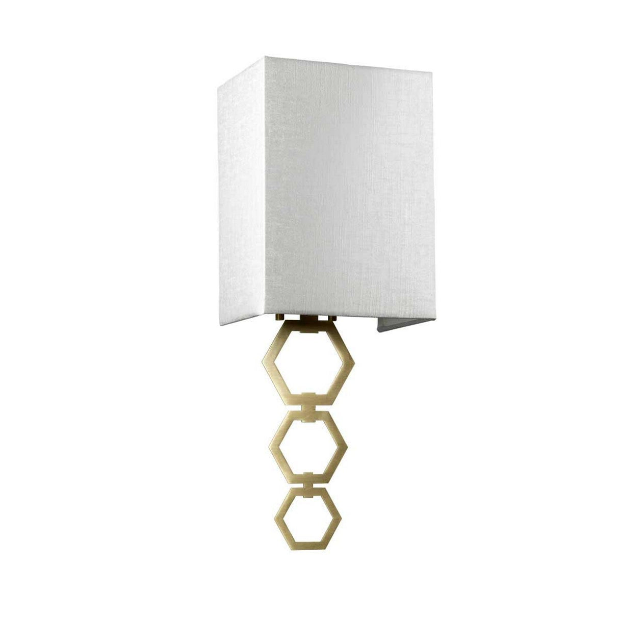 The Ria Small 1 Light Wall Light in aged brass features a modern design with a rectangular ivory faux silk shade and a geometric base with interlocking hexagonal shapes.