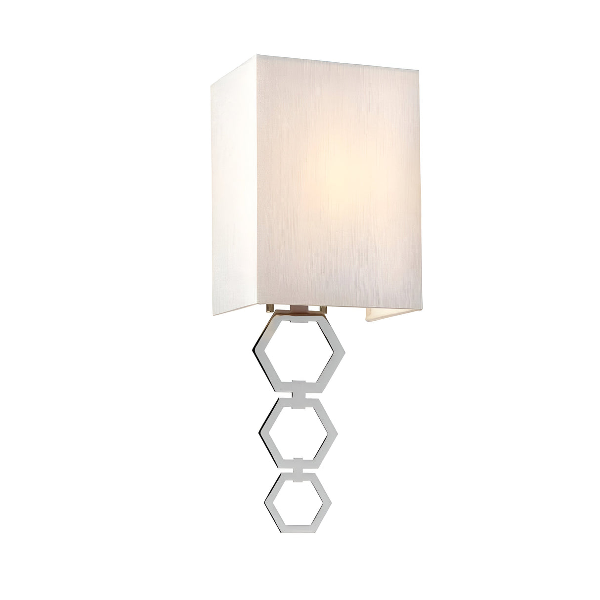 The Ria Small 1 Light Wall Light in polished chrome showcases a sleek white rectangular shade complemented by a contemporary design featuring a dangling geometric chain with three hexagonal metal links.