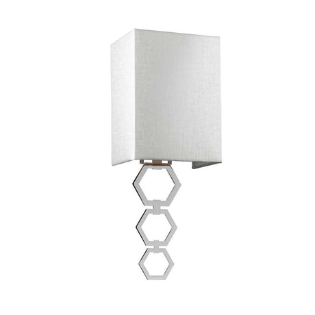 Introducing the Ria Small 1 Light Wall Light in Polished Chrome, featuring a sleek and contemporary design ideal for home or office lighting. It boasts a modern rectangular white shade paired with a decorative base of three interconnected hexagonal metal rings.