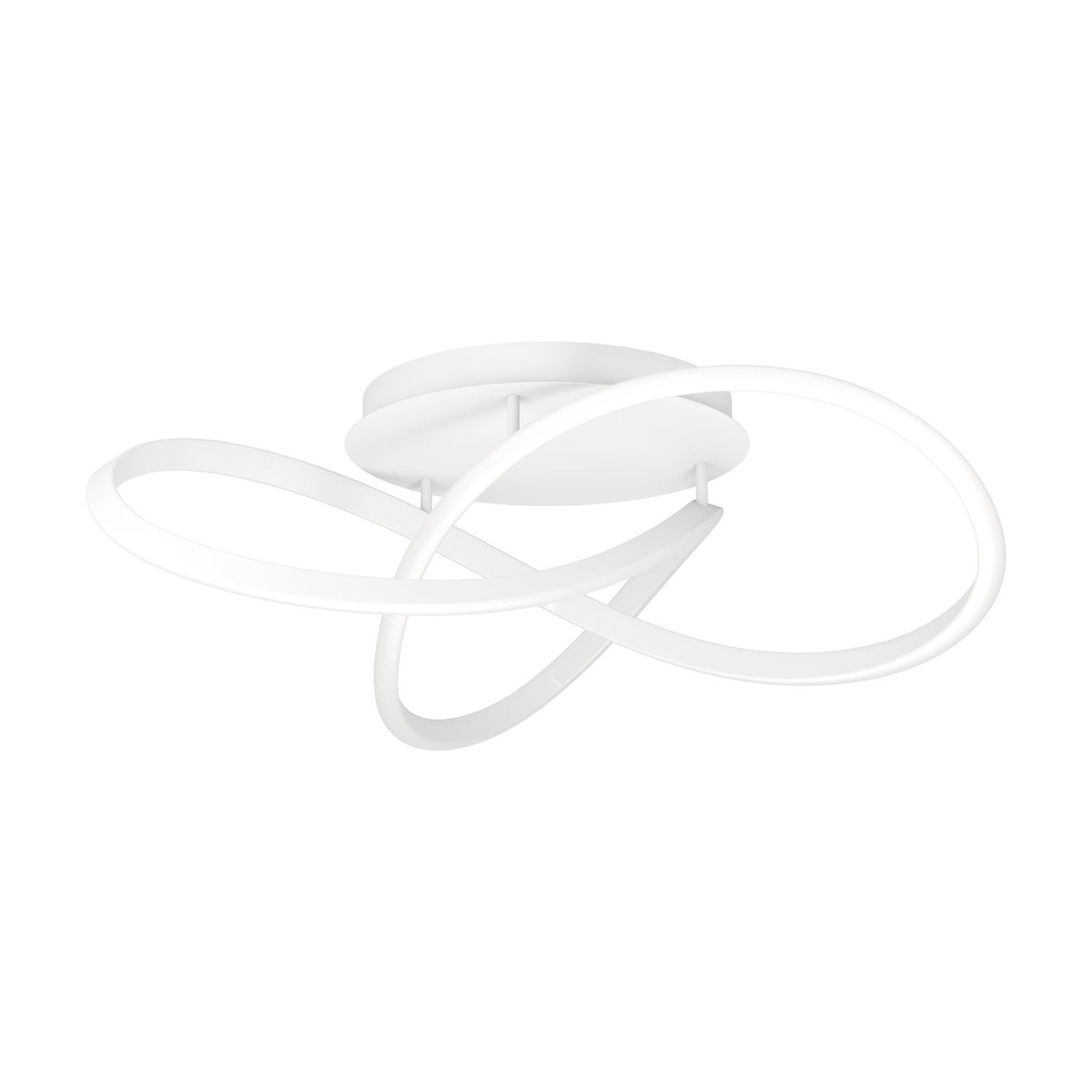 Riaza LED Ceiling Light in white, featuring a looping ribbon-style shade mounted on short rods beneath a round ceiling canopy, shown on a plain white background.