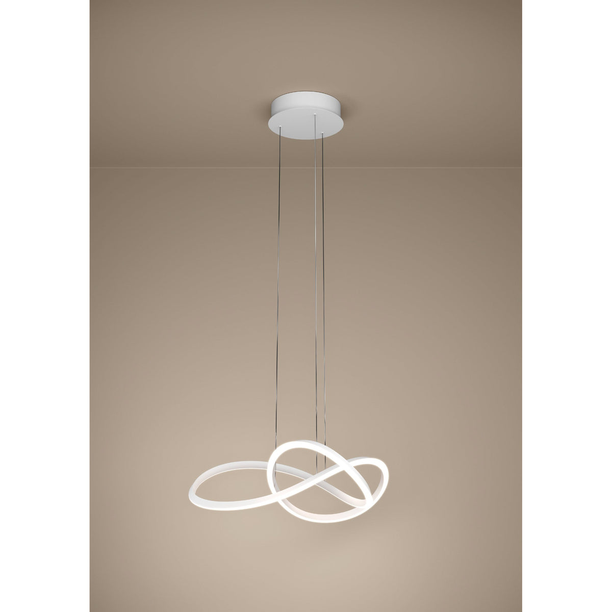 Riaza Pendant Light 83cm in white, a single LED band looping into an open knot shape, suspended on fine wires from a round ceiling canopy against a plain neutral background.