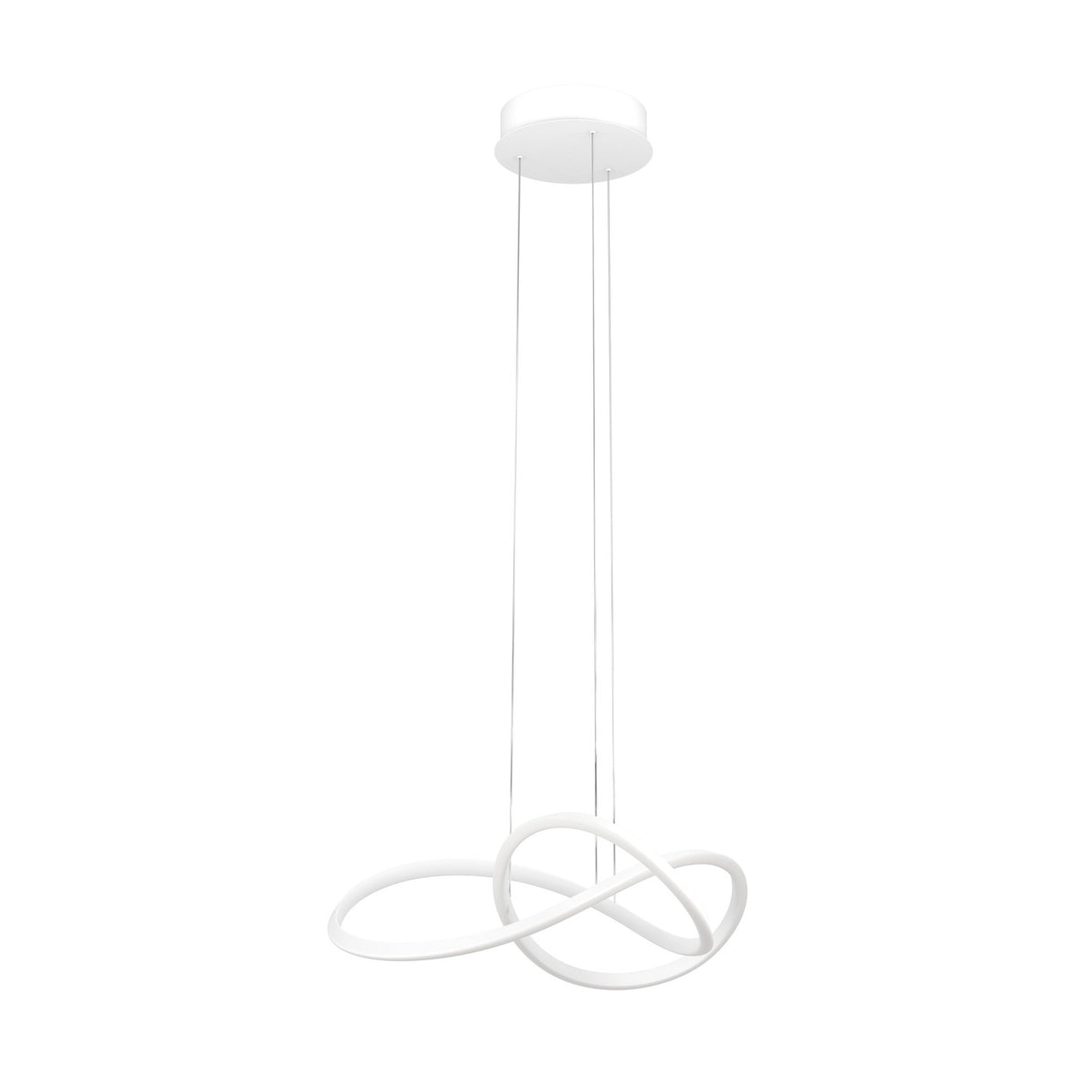 Riaza Pendant Light 83cm in white, a looped, knot-shaped LED band suspended on fine wires from a round ceiling canopy, shown against a plain white background.