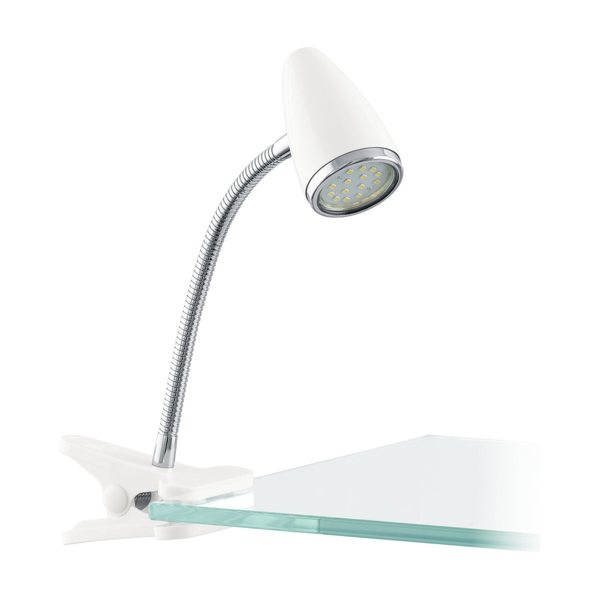 Riccio 1 Clip On Lamp in white and chrome, with a flexible gooseneck, tapered shade and visible GU10 LED bulb, clipped onto a glass shelf edge against a plain white background.