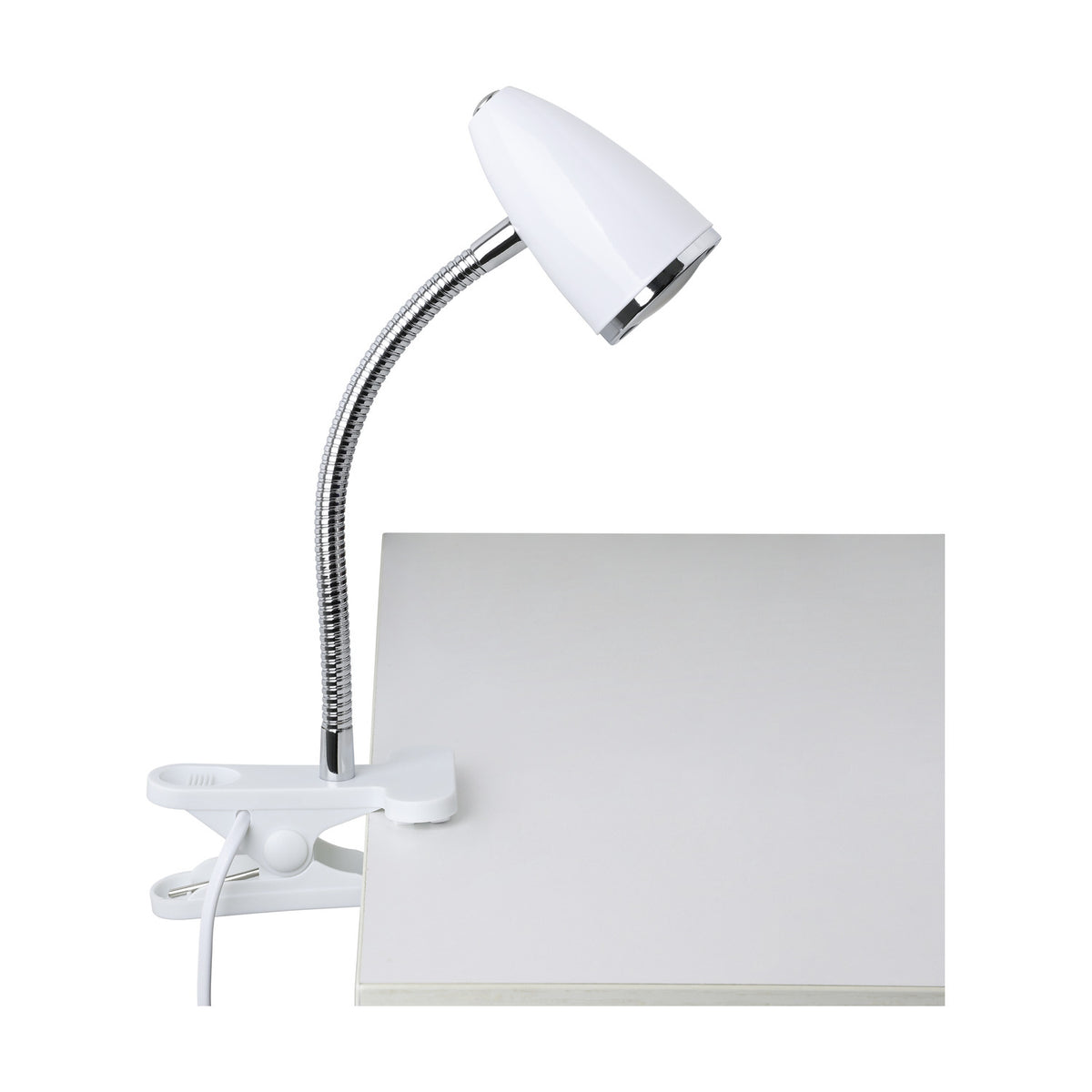 Riccio 1 Clip On Lamp in white & chrome, cone-shaped steel shade on a flexible gooseneck, clipped to the edge of a light grey desk or shelf.
