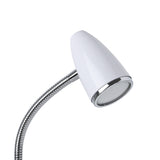 Riccio 1 Clip On Lamp 18cm in white & chrome, showing the glossy white cone-shaped shade with chrome ring and flexible chrome gooseneck arm on a plain white background.