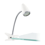 Riccio 1 Clip On Lamp in white and chrome, featuring a cone-shaped shade on a flexible gooseneck with a GU10 bulb and white clip base, shown on a glass shelf against a plain white background.