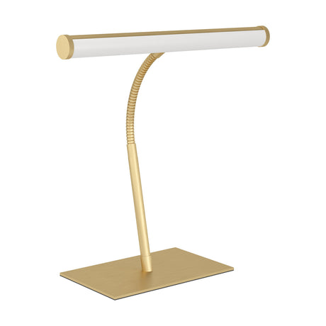 Riccione LED touch table lamp in brushed brass, with a long white tubular diffuser, ribbed gooseneck stem, and flat rectangular base, on a plain white background.