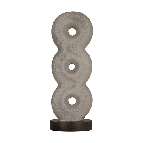Rifu Sculpture, a textured grey decorative piece with three pierced rings stacked and twisted together on a round dark base, shown on a plain white background.