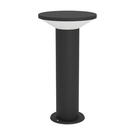 Rigosa LED Outdoor Post Light in black steel, with a slim cylindrical column, round flat top disc, and white diffuser panel beneath, shown on a plain white background.