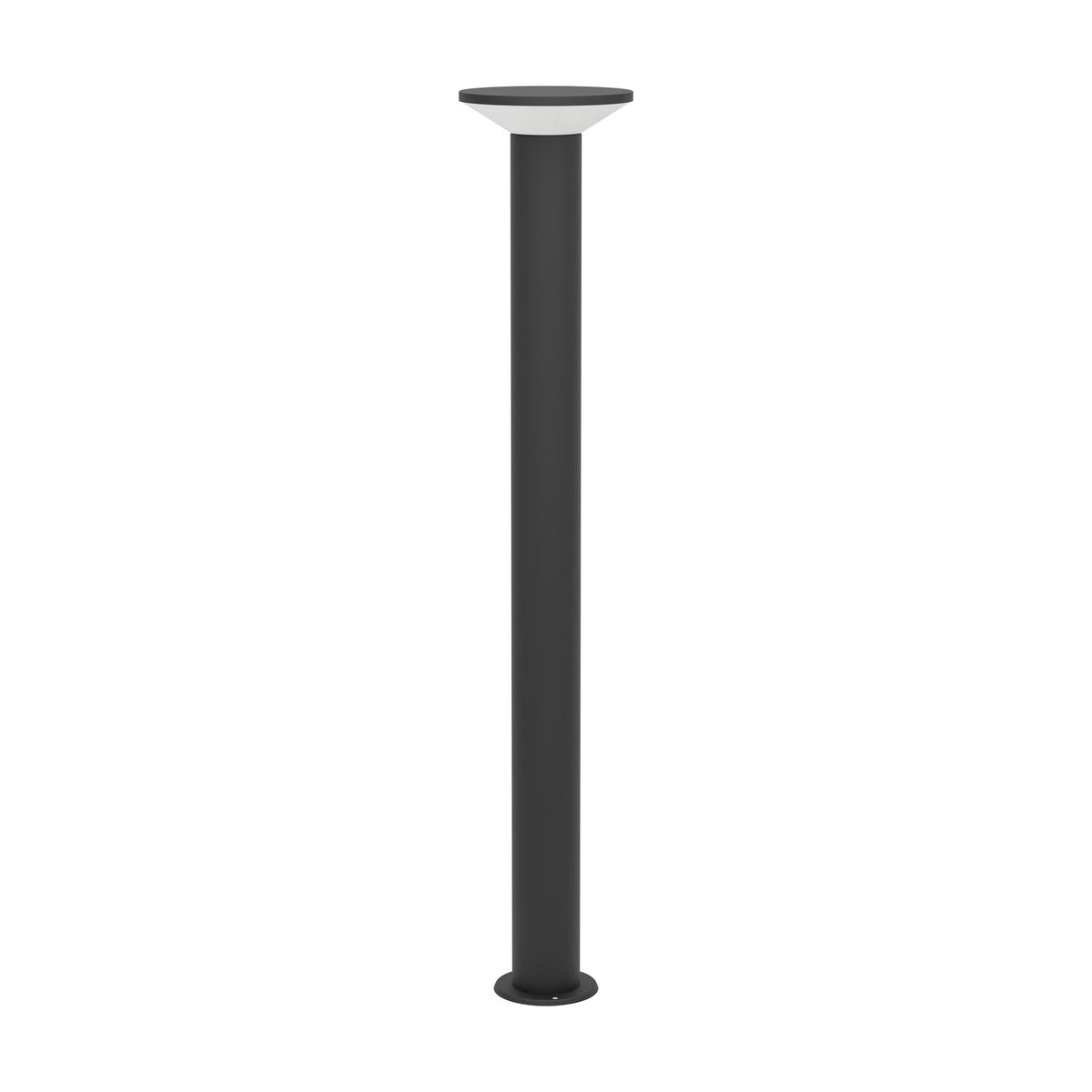 Rigosa outdoor LED floor lamp in black, slim steel post with round base plate and flat disc cap over a white plastic diffuser, shown on a plain white background.