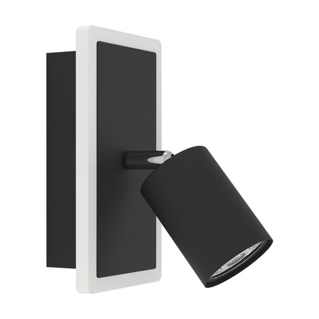 Rimbocchi 1 LED wall spotlight in black steel with a white-edged rectangular backplate and an adjustable cylindrical spot head, shown on a plain white background.