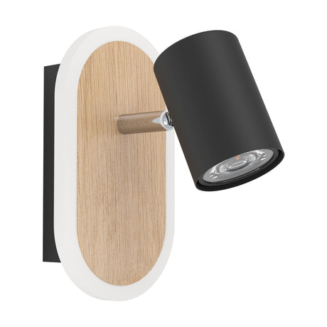 Rimbocchi LED wall spotlight with a black cylindrical spot head on a wood-effect oval backplate framed in white, steel and plastic finish, shown on a plain white background.