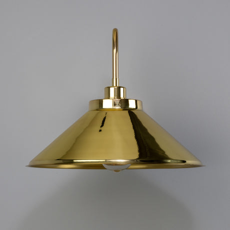Rio Brass Swan Neck Wall Light with curved arm and conical shade in polished brass finish, shown against a plain light grey background.